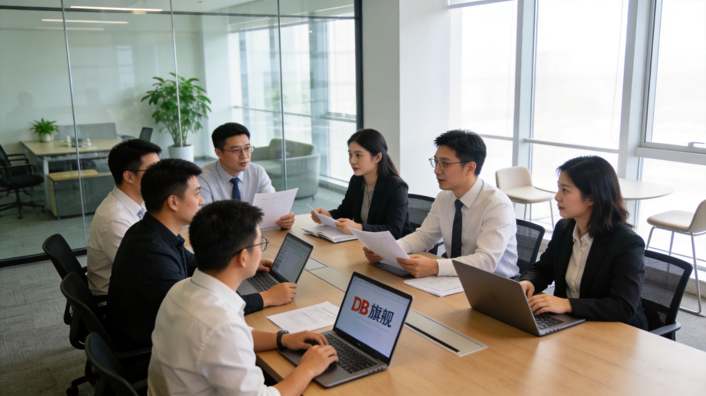 DB旗舰中国区团队在现代化办公环境中协作讨论业务方案